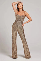 Sparkly sequin jumpsuit with sweetheart bodice, chain straps, waist belt and flared legs - view 4
