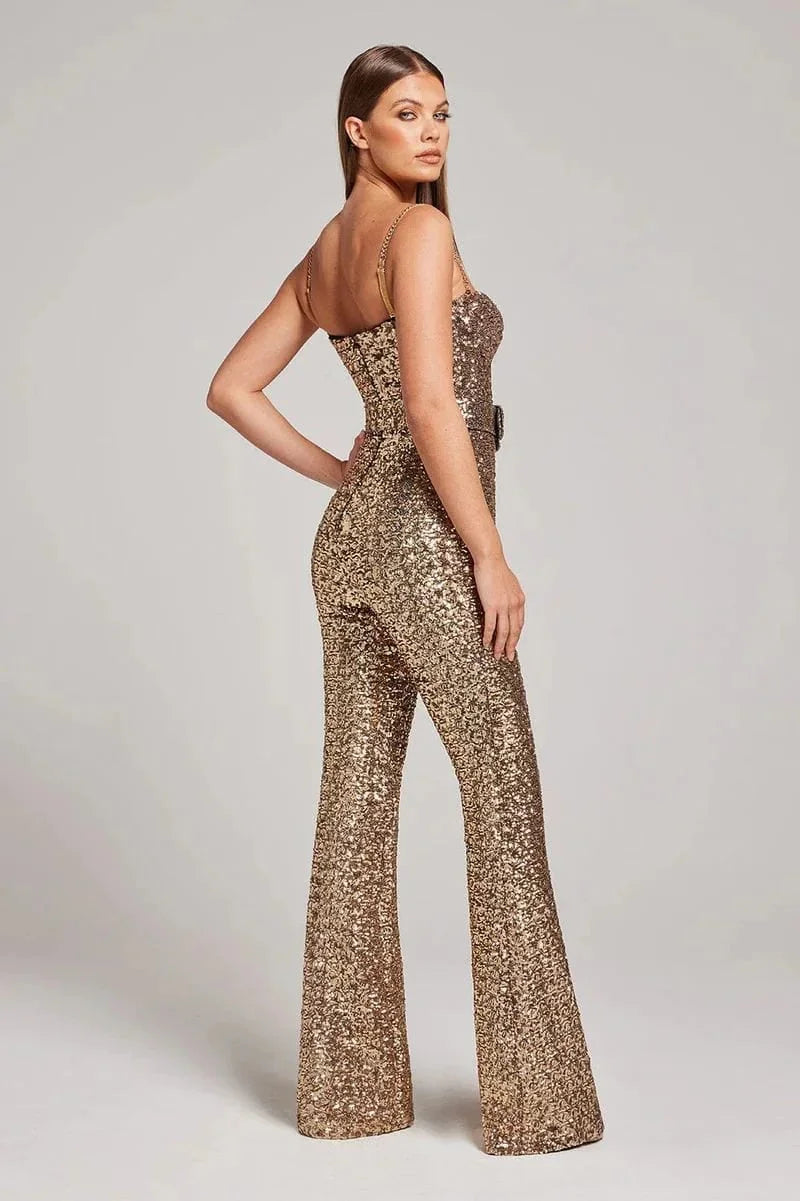 Sparkly sequin jumpsuit with sweetheart bodice, chain straps, waist belt and flared legs - view 6