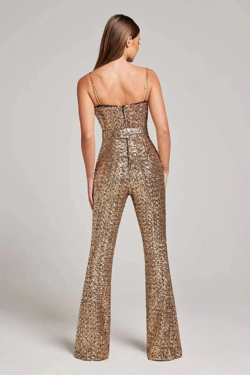 Sparkly sequin jumpsuit with sweetheart bodice, chain straps, waist belt and flared legs - view 7