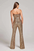 Sparkly sequin jumpsuit with sweetheart bodice, chain straps, waist belt and flared legs - view 7
