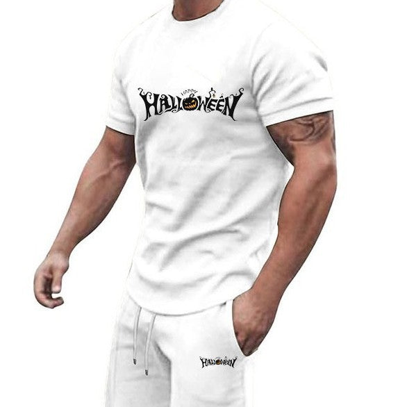 Men's Halloween T-shirt and drawstring shorts matching set with jack-o'-lantern graphic