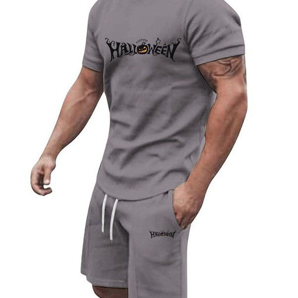 Men's Halloween T-shirt and drawstring shorts matching set with jack-o'-lantern graphic - view 2