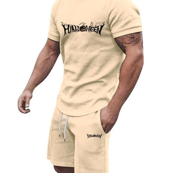 Men's Halloween T-shirt and drawstring shorts matching set with jack-o'-lantern graphic - view 3
