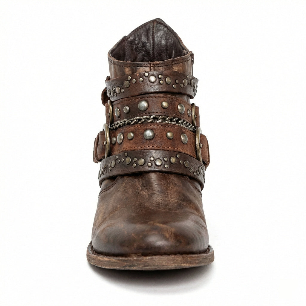 Studded buckle ankle boots in distressed leather with chain detail and a low block heel - view 2