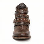 Studded buckle ankle boots in distressed leather with chain detail and a low block heel - view 2