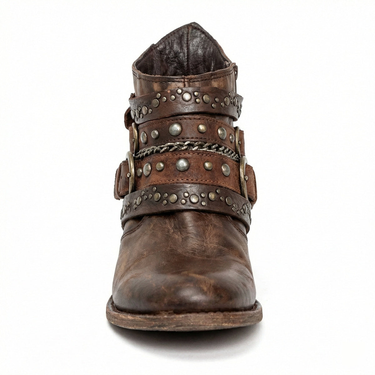 Studded buckle ankle boots in distressed leather with chain detail and a low block heel - view 2