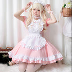 Pink and white ruffled maid-style costume dress with apron and cat ears