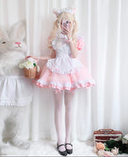 Pink and white ruffled maid-style costume dress with apron and cat ears - view 2