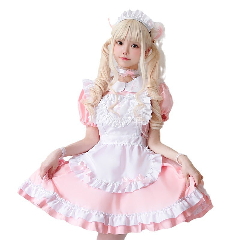 Pink and white ruffled maid-style costume dress with apron and cat ears - view 3