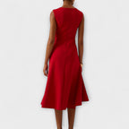 Sleeveless draped midi cocktail dress with waist twist and flared ruffle hem - view 13