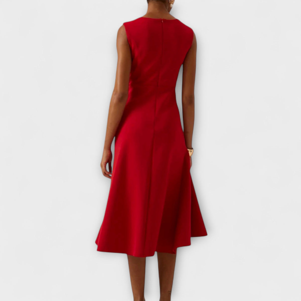 Sleeveless draped midi cocktail dress with waist twist and flared ruffle hem - view 13