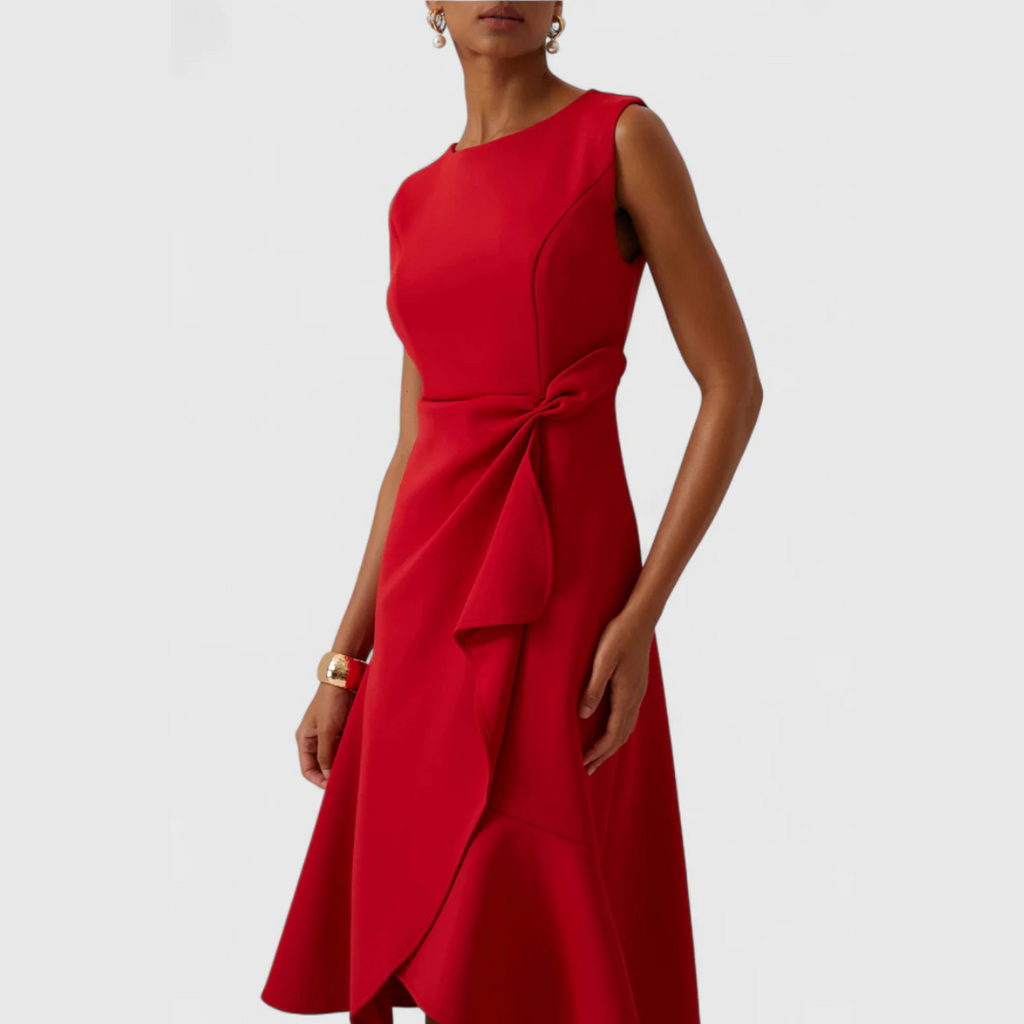 Sleeveless draped midi cocktail dress with waist twist and flared ruffle hem - view 14