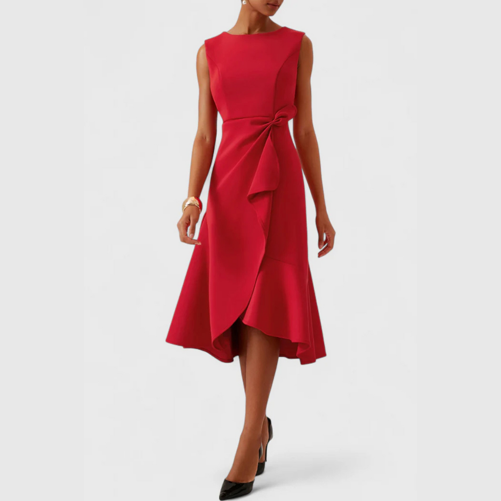 Sleeveless draped midi cocktail dress with waist twist and flared ruffle hem - view 15
