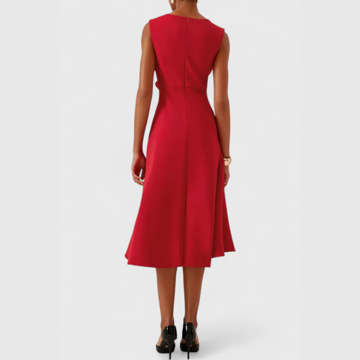 Sleeveless draped midi cocktail dress with waist twist and flared ruffle hem - view 16