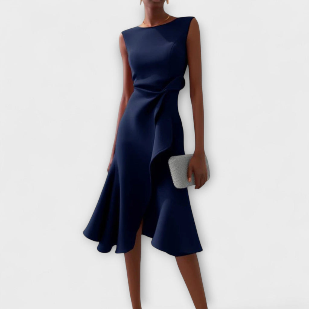 Sleeveless draped midi cocktail dress with waist twist and flared ruffle hem - view 2