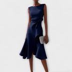 Sleeveless draped midi cocktail dress with waist twist and flared ruffle hem - view 2