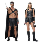 Black warrior couples Halloween costume with cape and armor-print panels