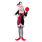 Women's red and black harlequin clown Halloween costume dress with white ruffle trim, jester headband and striped stockings
