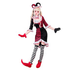 Women's red and black harlequin clown Halloween costume dress with white ruffle trim, jester headband and striped stockings - view 2