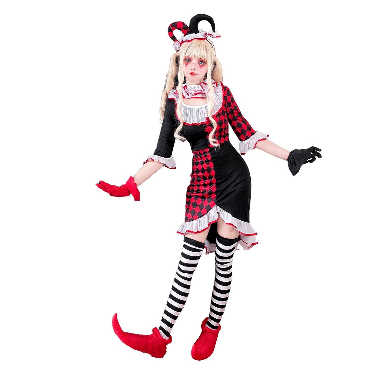 Women's red and black harlequin clown Halloween costume dress with white ruffle trim, jester headband and striped stockings - view 2