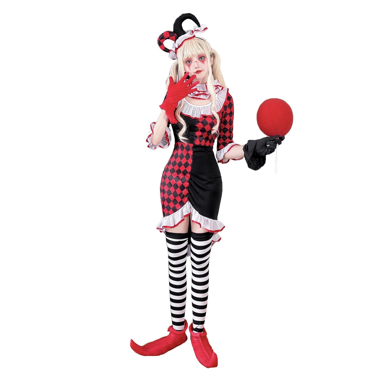 Women's red and black harlequin clown Halloween costume dress with white ruffle trim, jester headband and striped stockings - view 3