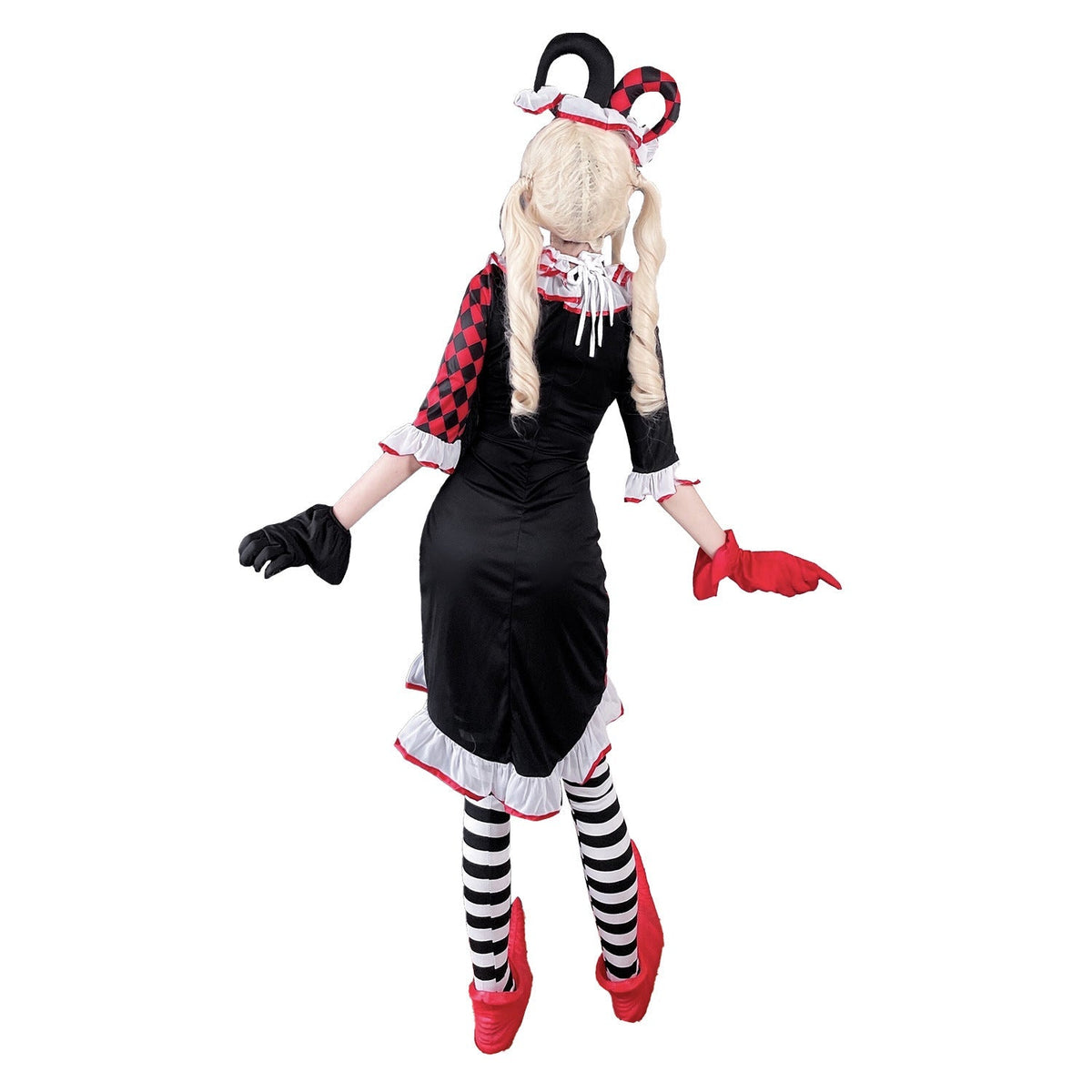 Women's red and black harlequin clown Halloween costume dress with white ruffle trim, jester headband and striped stockings - view 4