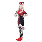 Women's red and black harlequin clown Halloween costume dress with white ruffle trim, jester headband and striped stockings - view 5