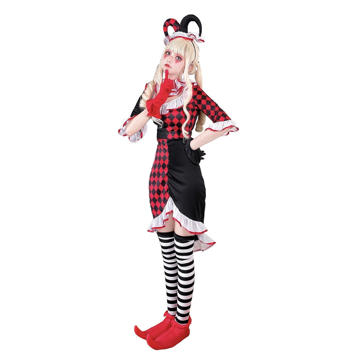 Women's red and black harlequin clown Halloween costume dress with white ruffle trim, jester headband and striped stockings - view 5