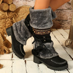 Dovira | Faux Fur Trim Mid Calf Boots with Chain Detail and Platform Heel