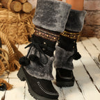 Dovira | Faux Fur Trim Mid Calf Boots with Chain Detail and Platform Heel