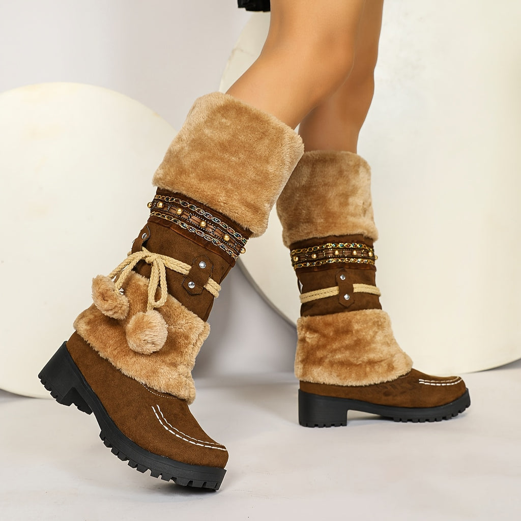 Dovira | Faux Fur Trim Mid Calf Boots with Chain Detail and Platform Heel
