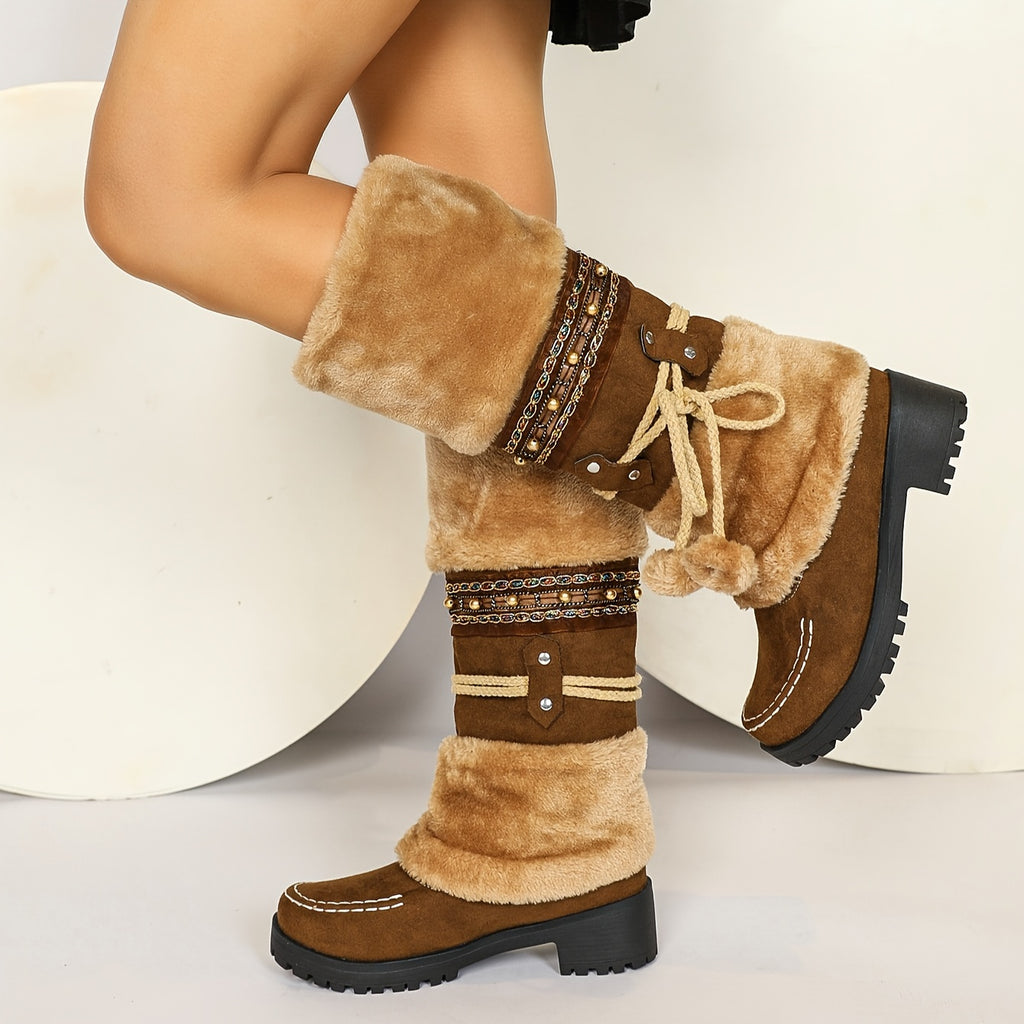 Dovira | Faux Fur Trim Mid Calf Boots with Chain Detail and Platform Heel