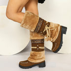 Dovira | Faux Fur Trim Mid Calf Boots with Chain Detail and Platform Heel