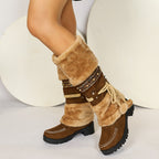 Dovira | Faux Fur Trim Mid Calf Boots with Chain Detail and Platform Heel
