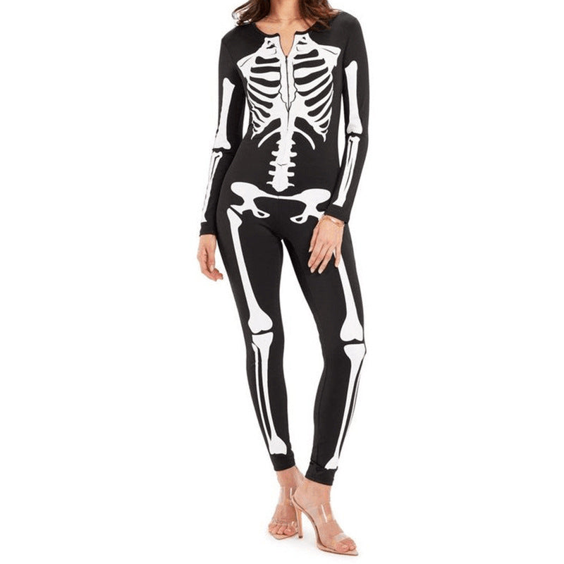 Woman wearing a black long-sleeve skeleton print Halloween costume jumpsuit - view 5