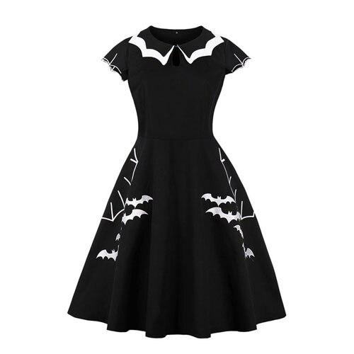 Black swing dress with white bat-shaped collar and embroidered bats on the skirt - view 3