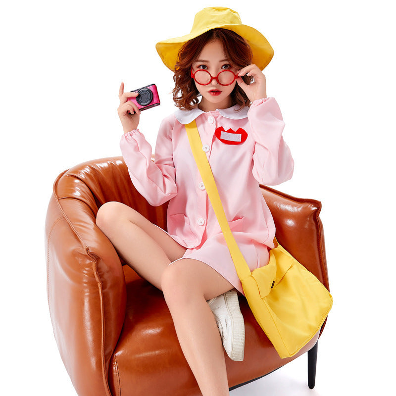 Woman in light pink smock dress Halloween costume with white Peter Pan collar and yellow bucket hat - view 2