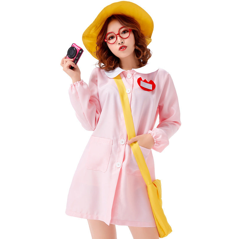 Woman in light pink smock dress Halloween costume with white Peter Pan collar and yellow bucket hat - view 4