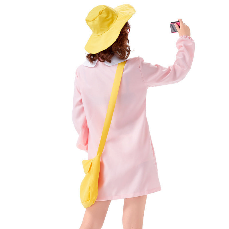 Woman in light pink smock dress Halloween costume with white Peter Pan collar and yellow bucket hat - view 5