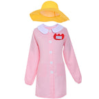 Woman in light pink smock dress Halloween costume with white Peter Pan collar and yellow bucket hat - view 6