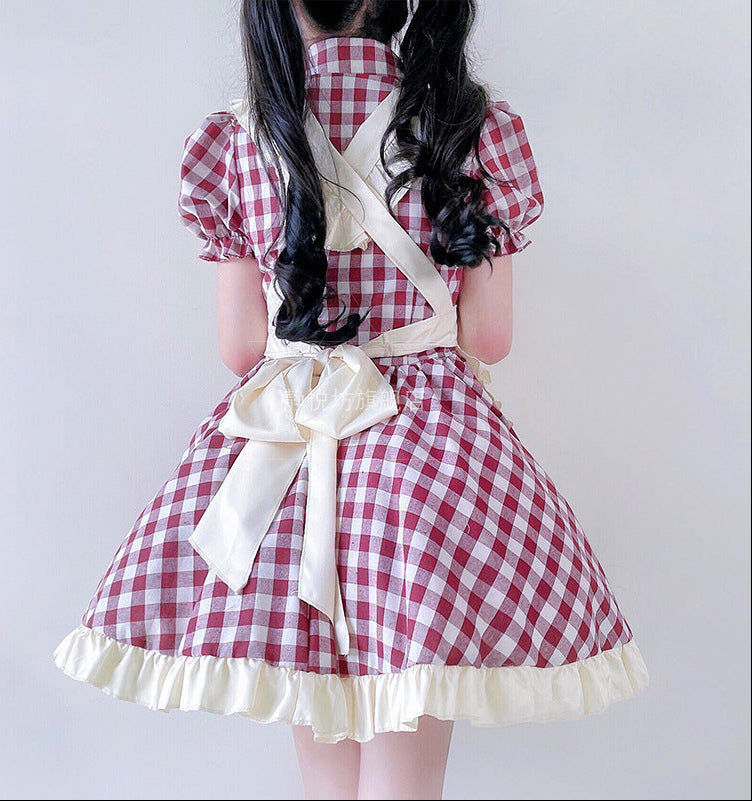 Gingham maid Halloween costume dress with cream ruffled apron and black collar bow - view 2