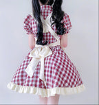 Gingham maid Halloween costume dress with cream ruffled apron and black collar bow - view 2