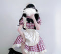 Gingham maid Halloween costume dress with cream ruffled apron and black collar bow - view 3