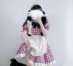 Gingham maid Halloween costume dress with cream ruffled apron and black collar bow - view 3