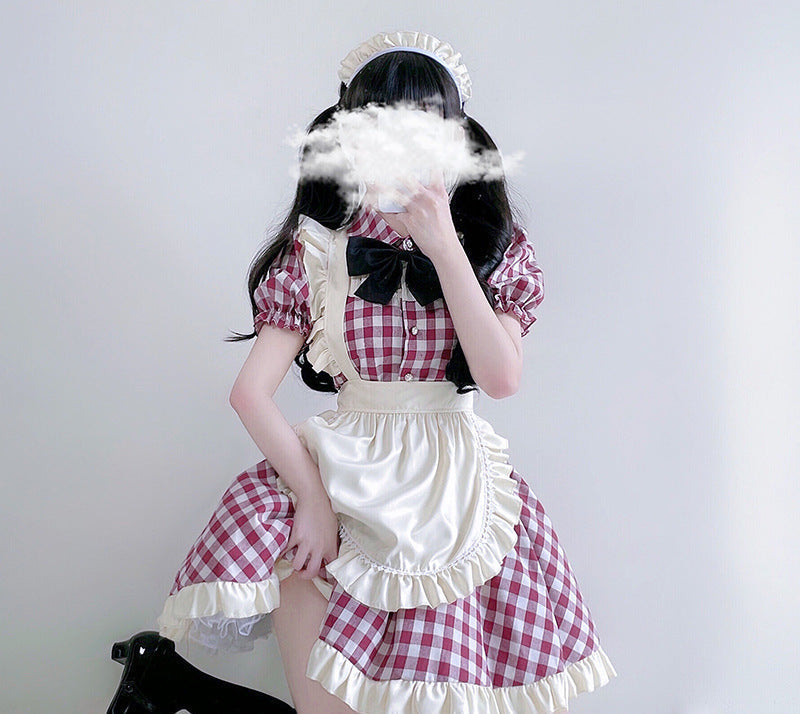 Gingham maid Halloween costume dress with cream ruffled apron and black collar bow - view 3