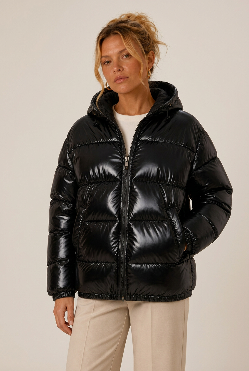 Hooded glossy puffer winter jacket for women with elastic cuffs