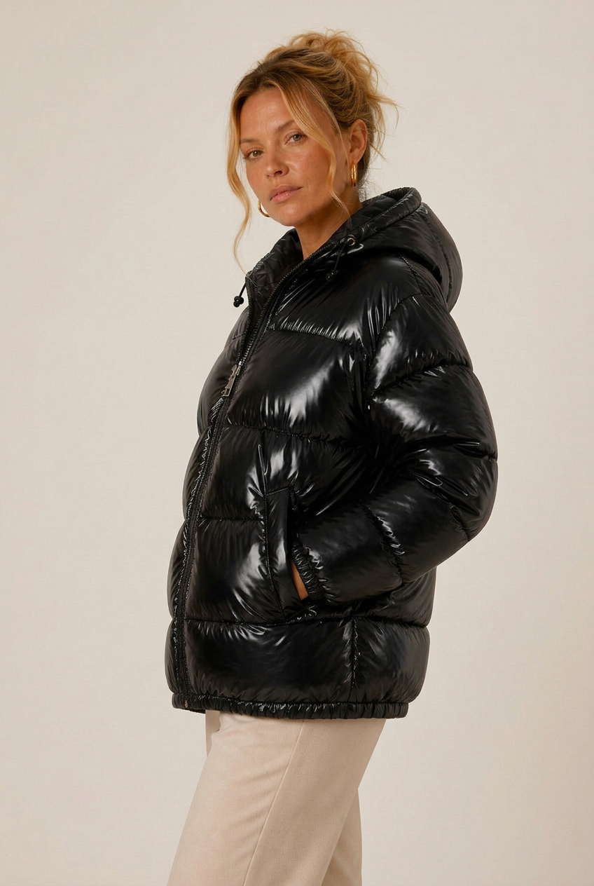 Hooded glossy puffer winter jacket for women with elastic cuffs - view 2