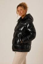 Hooded glossy puffer winter jacket for women with elastic cuffs - view 2