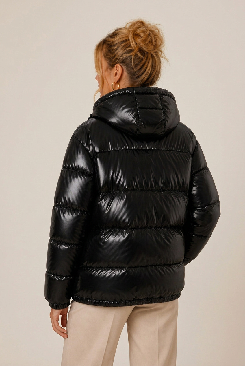Hooded glossy puffer winter jacket for women with elastic cuffs - view 3