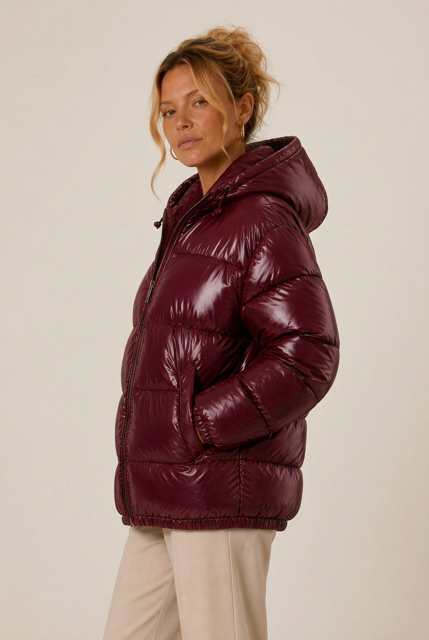 Hooded glossy puffer winter jacket for women with elastic cuffs - view 5